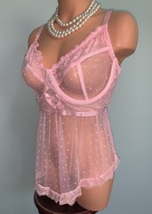 NEW SHEER Teddy Romper Bodysuit 2X Frilly SOFT Pink Polka Dot UW Bra Top