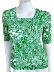 Vtg 70s Ditsy Geometric Floral Print Top Size S Square Neck Cotton Green White