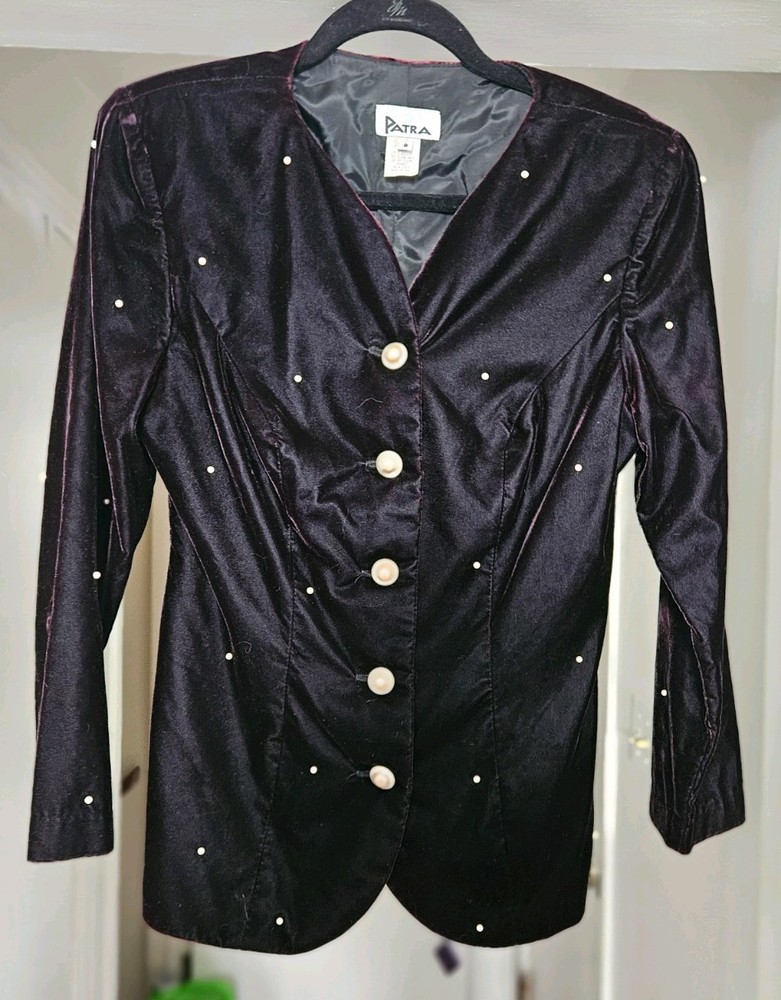 Patra Vintage Velvet Blazer Siz 8 Black Pearl Scattered Rhinestone Button Jacket