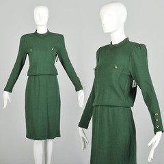 Small 1980s Adolfo Green Knit Long Sleeve Holiday Winter Sweater Vintage Dress
