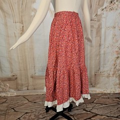 Vintage 1970s Skirt Red Calico Floral Ruffled White Eyelet Lace Western American