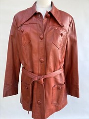 Vintage 70s Leather Jacket Women Burnt Sienna Belted Covered Buttons 4 Pockets L