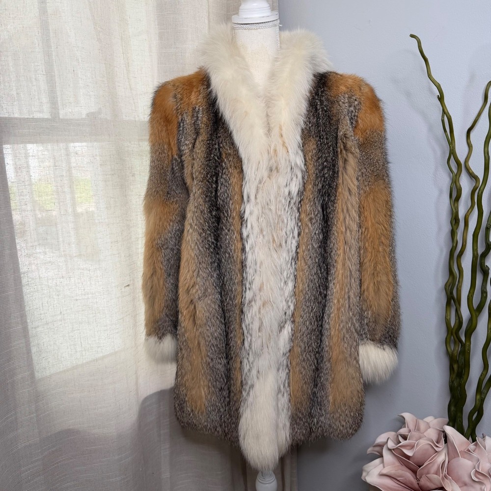 Vintage Red Fox Fur Coat Mid Length Glam Winter White Gray Lined Women’s Medium