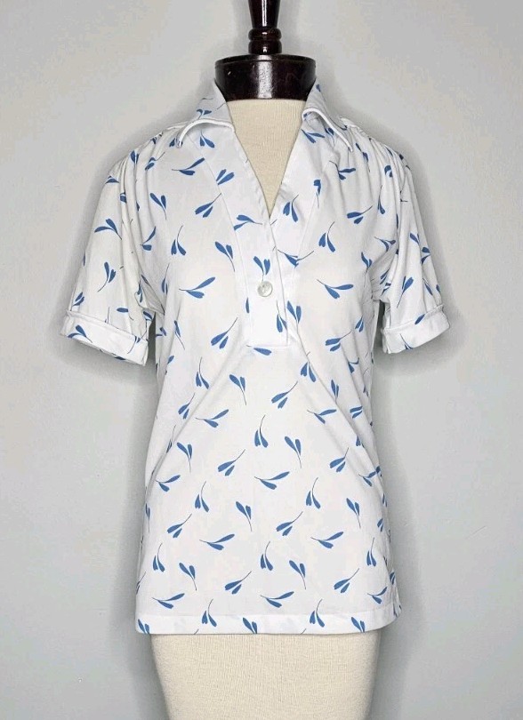 VTG 1970s Retro Worthington Square White Blue Floral Blouse M