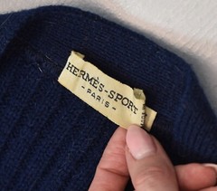 Vintage Hermes Sport Navy Blue Wool Mohair Black Leather Trim Cardigan Sweater