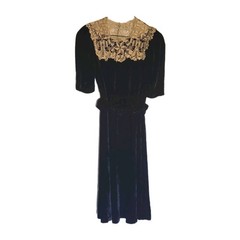 Antique 1920s Black Velvet Dress Lace Collar & Buttons Midi Size Small-Medium