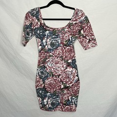 Vintage Express Tricot 90s Mini Bodycon Dress Floral Print Stretch Sz S Moody