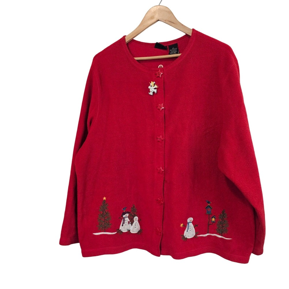 Vintage Christmas Cardigan Women 2X Red Fleece Holiday Party Cottage Granny
