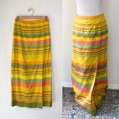 60s 70s Taffeta Multicolor Silk? Striped Maxi Skirt M 28-29” Waist Handmade