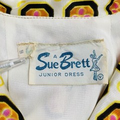VTG SUE BRETT Junior Dress SZ 5 A Line Pleated Hem Covered Buttons Geometric