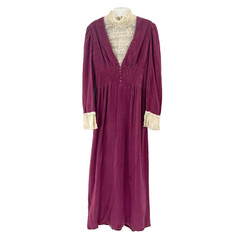 Vintage VTG Purple Velvet Womens Maxi Dress w White Lace Trim Details Size S/M
