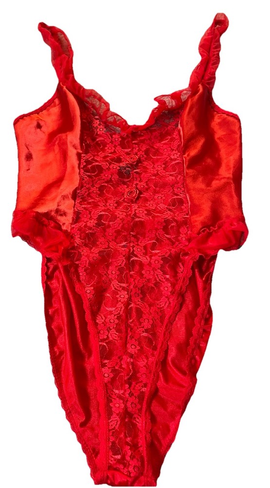 Vtg 80s Midnight Hour Teddy Bodysuit 1X Red Lace Satin Ruffles Sexy USA Made