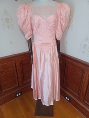 Vintage 1980s Peach Satin and Lace Puff Sleeve Fairy Tale Princess Prom Dress