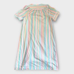 Coffee Time Vintage Seersucker House Dress Pastel Striped Floral Collar Small