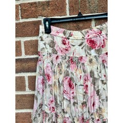 Vintage 1980s Passports Pier 1 Floral Skirt Pink Brown Rayon Cotton Boho Tiers