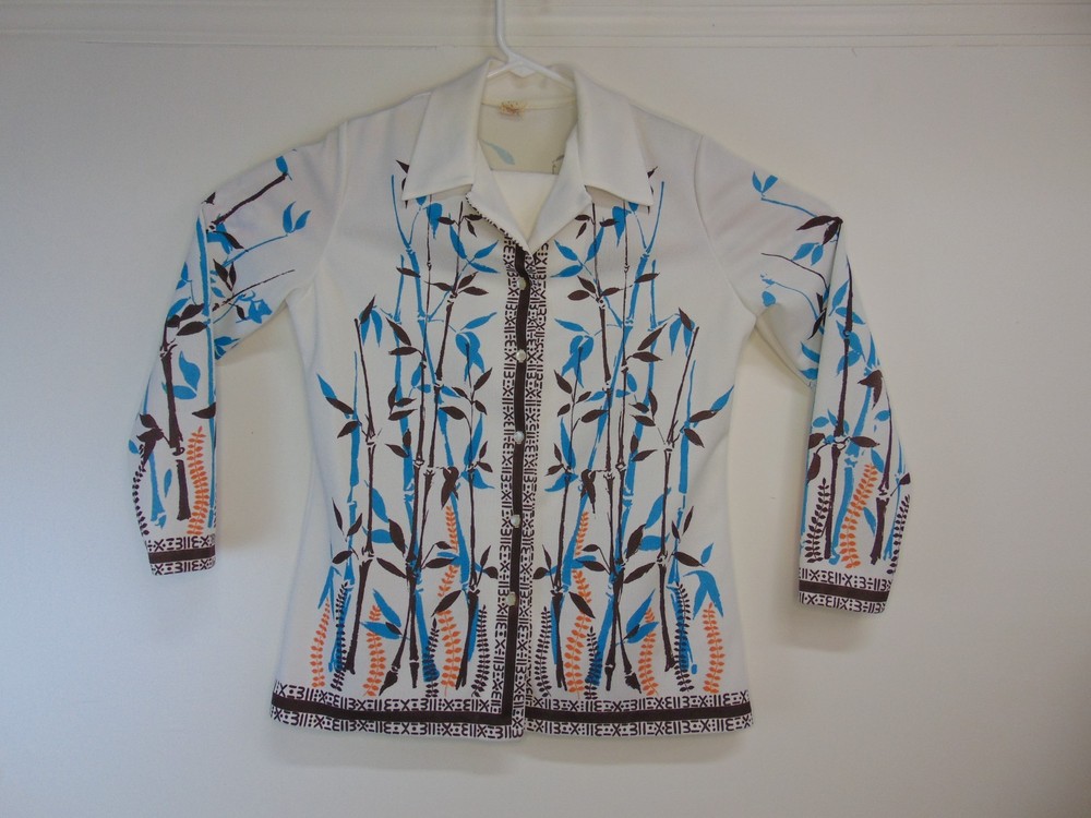 Bamboo Patterned Vintage 1970s Polyester Blouse Womens Button up Made in USA