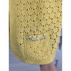 Vintage Yellow Crochet Cardigan Short Sleeve Sequin Pockets Large
