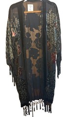 Kimono Jacket Black Sheer Peacock Velvet Beaded Burnout Coverup S/M/L