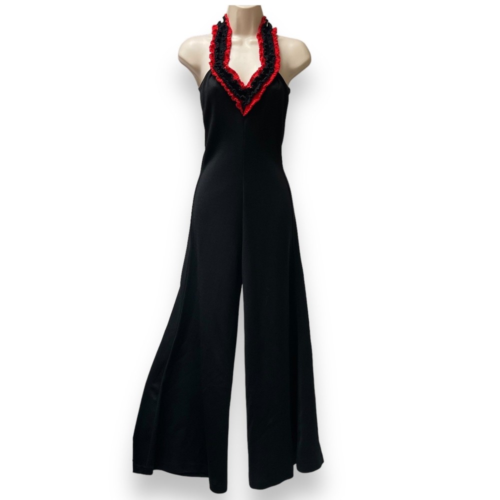 Vintage 70s Black & Red Ruffle Backless Knit Bellbottom Jumpsuit Studio 54 Disco