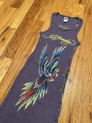Vintage Don Ed Hardy purple bodycon dress with parrot design stretchy OSFA