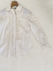 VTG 70s XS / Small Ivory White Sheer Blouse Long Sleeve Cotton Lace Majorette