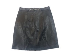 Vintage 80s Leather Black Leather Skirt w/ Metal Chain Embellishment Size L READ