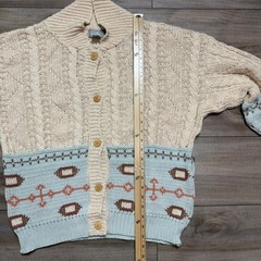 Vintage 80s Cardigan Sweater Women Cream Color Pattern Wood Buttons Pockets