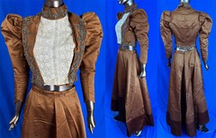 Victorian Beaded Bronze Silk Tambour Lace Leg o Mutton Sleeve Bodice Skirt Dress