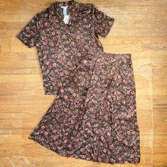 Vintage Floral Silk Midi Skirt Blouse Set Size Medium Brown Two Piece Outfit