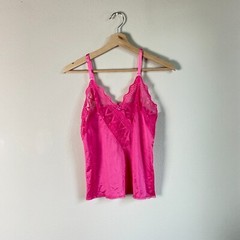 vintage 00s y2k hot pink lace and satin camisole tank top bimbo mcbling