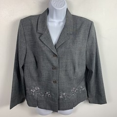 Sag Harbor Blazer Petite Womens sz 14 P Gray Plaid Floral Embroidery