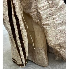 Antique Victorian Beige Printed Silk Two Piece Set Velvet Trim Net Lace Smocking
