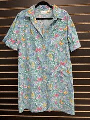 VTG Granny Core Housecoat Large Blue Butterfly Floral Pockets Cotton/Poly