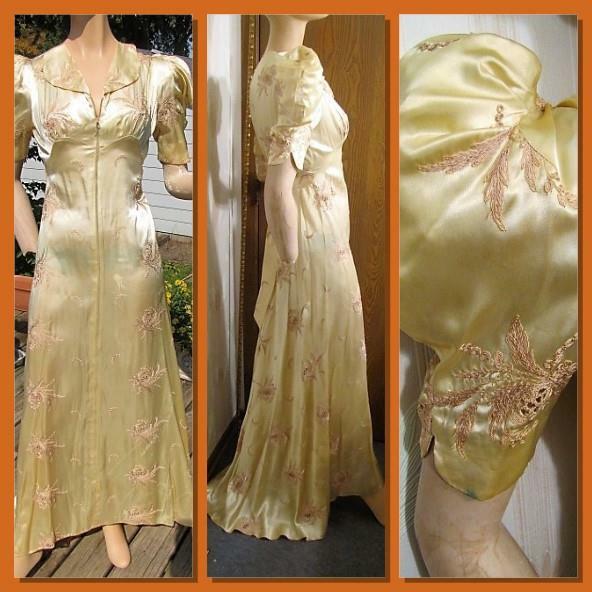 1940s FRENCH SATIN EMBROIDERED DRESSING GOWN WITH TRAIN & PUFFED SLEEVES XS P