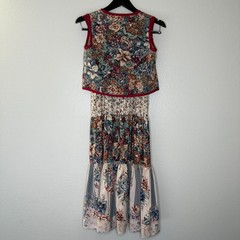 Vintage 70s Two Piece Cottage Floral Prairie Vest Dress Set | Size XXS/XS