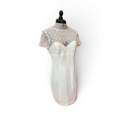 Ivory Lace Illusion Mini Dress 90s Donna Ricco Petite 8 Bridal Bow Back Slip