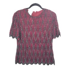 stenay Small Vintage silk beading evening blouse womens maroon red black