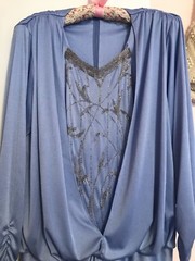VTG CREST FASHIONS DRESS SIZE 14 SILVERY BLUE LONG SLV W/CLEAR BEADED TRIM ILGWU