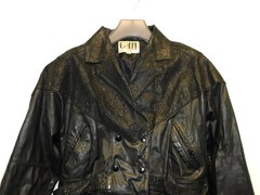 Vintage G-III G3 M Black Leather Jacket Cropped Snakeskin Print V Neck Snap 80s