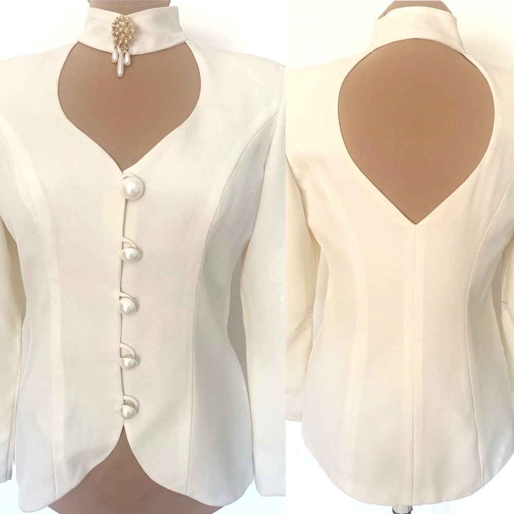 Vintage 90s ALYCE DESIGNS Open Back Wedding Suit *Size 12* Ivory Crepe High Neck