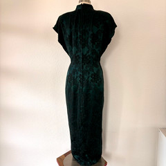 Vintage La Belle Womens Asian Midi Dress 10 Green Print 90s USA Frog Fastener