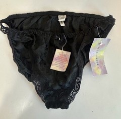 Vintage Silkscreen Black Silk Bikini Panties Bow 7 Large Lace