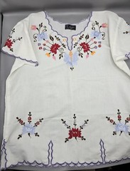 Vintage Mexican Embroidered Tunic Top Blouse Size 44 White W/ Flowers Jacobo