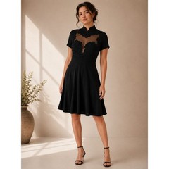 Vintage 90s Tadashi Cocktail Dress Womens L Black Soutache Mesh Mock Neck LBD