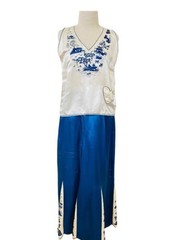 Antique Art Deco Silk Pajama Set Chinoiserie Embroidered 3 Pc Blue Lounge