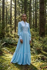 Vintage 70’s Victorian Style Romantic Blue Peasant Maxi Dress S 26″ waist