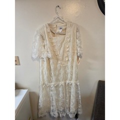 Vintage Gilberti Cream Floral Lace Drop Waist Dress Short Sleeve USA Made B4