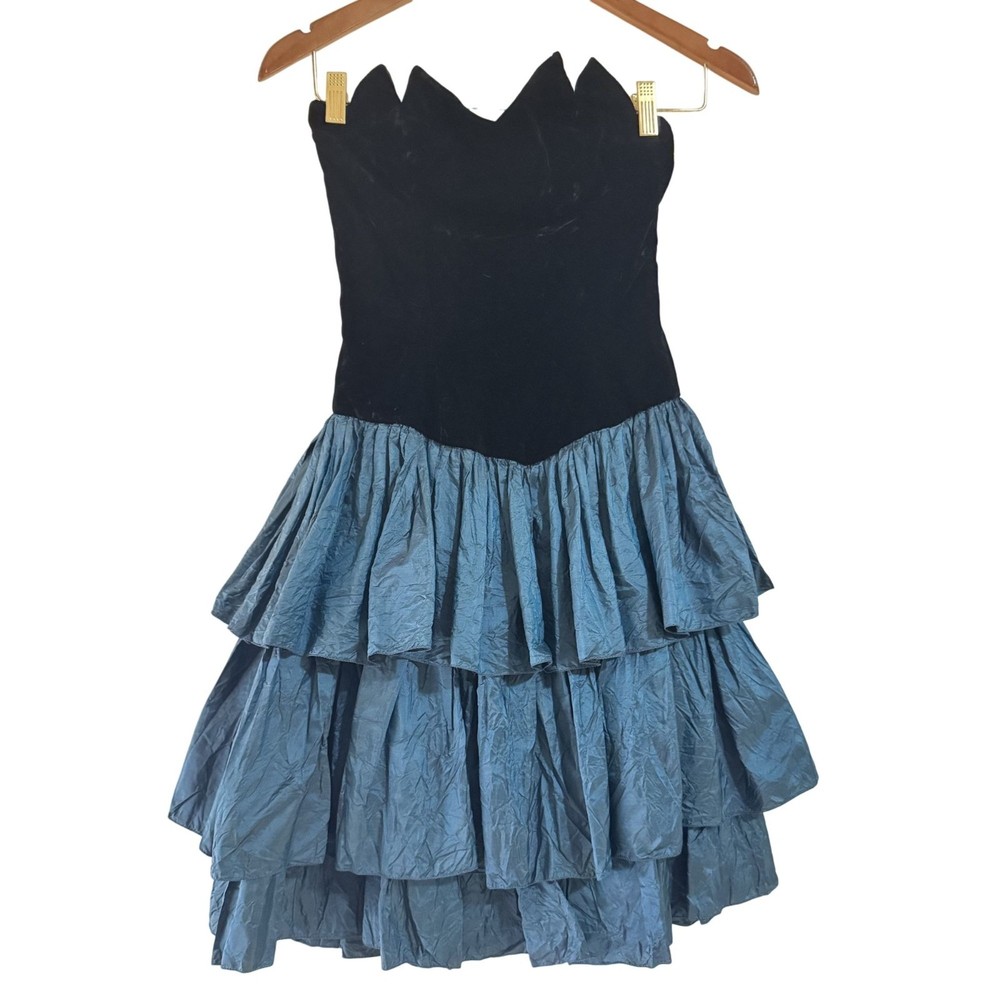 Vintage Henri Bendel Vicky Tiel Velvet Black&Teal Layered Strapless Mini Dress P