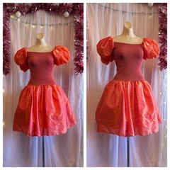 Vintage 80s Puff Sleeve Mini Dress Pinky Orange Iridescent Princess Fairy XS XXS