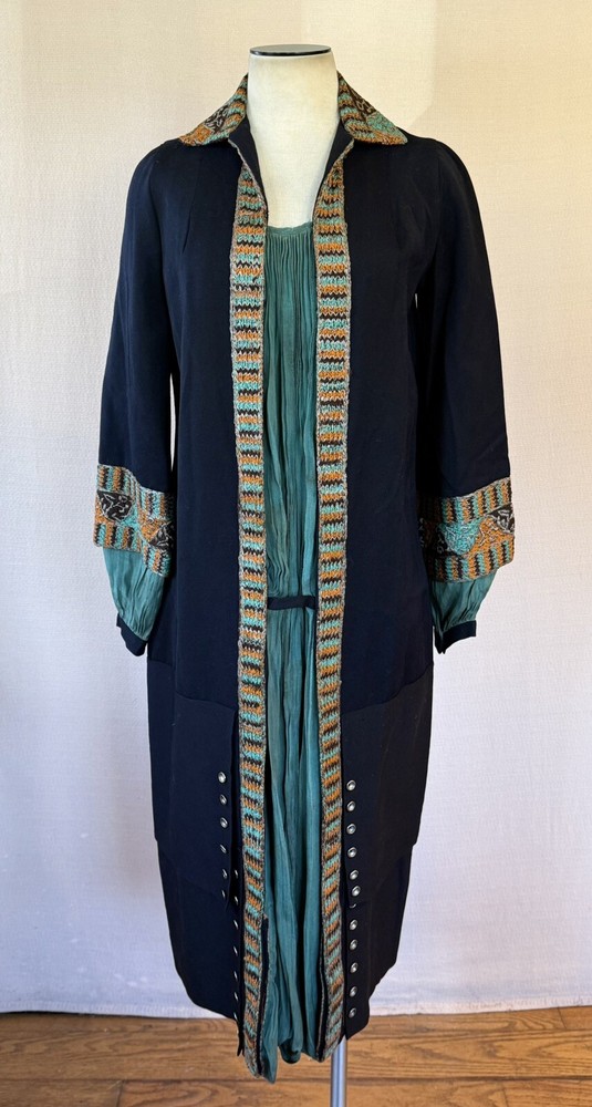 Antique 1920S Dress Wool Crepe Silk Vintage Deco Black Turquoise Orange 38 M
